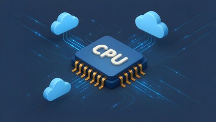 3D CPU Chip Connected to Cloud Icons and Data Streams