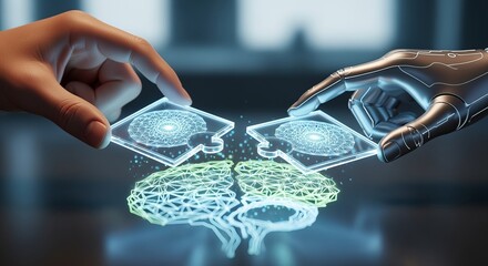 Human and robotic hands connecting puzzle pieces above digital brain