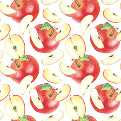 apple slices and whole apples, seamless pattern, watercolor illustration for packaging, dishes, fabrics, and kitchen utensils