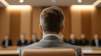 Man facing a panel. Witness view in court room, or speaker facing audience. Shot from behind, facing forward. Focus on the back of the man's head.