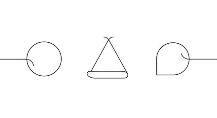 Three abstract geometric shapes, a circle, a triangle, and a rounded rectangle, each with a line extending from its side, presented on a white background.
