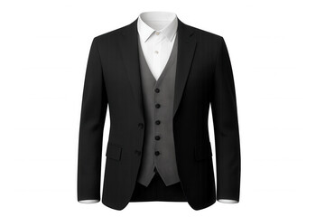 Professional businessman wearing tailored black suit, grey vest, crisp white shirt, standing against transparent background