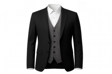Professional businessman wearing tailored black suit, grey vest, crisp white shirt, standing against transparent background