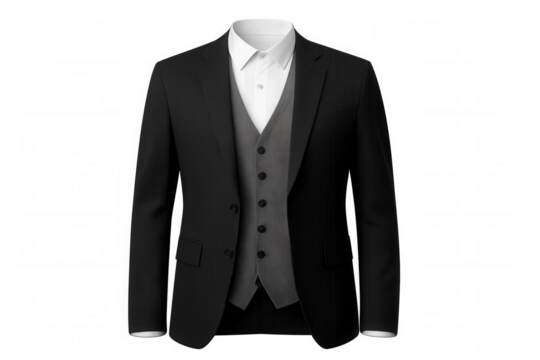 Professional businessman wearing tailored black suit, grey vest, crisp white shirt, standing against transparent background