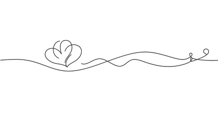 A minimalist single-line drawing featuring two intertwined hearts connected by a flowing, wavy line.