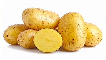 Group of yellow potatoes with smooth speckled skin and sliced interior for editorial food photography ingredient styling and farm-to-table culinary-themed visuals