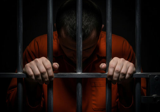 a prison inmate is pensive, his head lowered