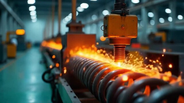 Automated metal production line with a robotic arm working on a heated metal spring