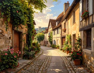 Naklejka premium Charming medieval streetscape with floral accents in a tranquil village