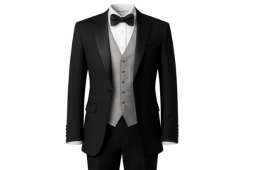 Classic black suit with grey vest, white shirt and bow tie, perfect for formal occasions, isolated on transparent background