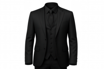 Professional black suit hanging elegantly, showcasing crisp tailoring against transparent backdrop, ideal for corporate presentations and formal occasions