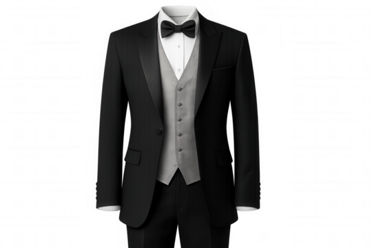 Classic black suit with grey vest, white shirt and bow tie, perfect for formal occasions, isolated on transparent background