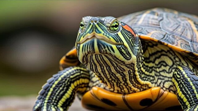 Closeup of a redeared slider turtle with vivid green eyes striped neck and patterned shell set against a blurred background