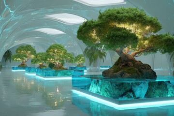 Futuristic interior with bonsai trees and blue light