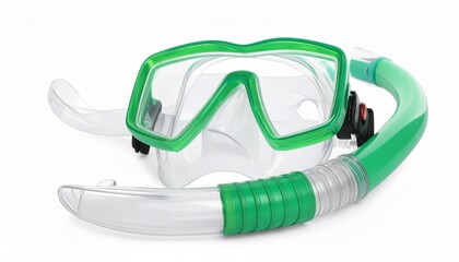 Green snorkeling set with diving mask and snorkel on coral background for editorial travel photography underwater exploration decor and poetic adventure-themed visuals