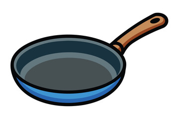 Round frying pan with blue edge and brown handle sits on a white backdrop