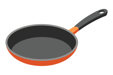 The isometric style orange frying pan displays an empty interior and grey handle