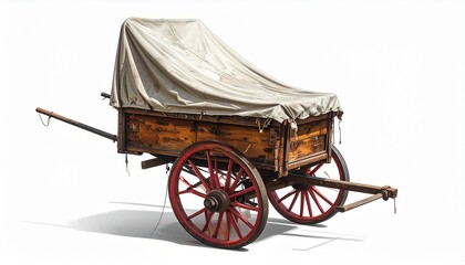 Fototapeta premium Traditional covered wagon with canvas top and red-spoked wheels for editorial history photography pioneer transportation decor and poetic frontier-themed visuals