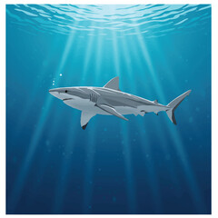 Obraz premium A sleek grey shark gracefully glides through the deep blue open ocean, illuminated by penetrating light rays in this vibrant flat 2D vector illustration.