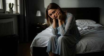 Depressed woman sitting on her bed in a dark room. Concept of sadness, insomnia, and mental health issues.