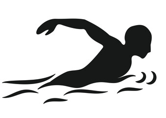 Silhouette of a male swimmer performing a crawl stroke in water. Icon representing aquatic sport and healthy lifestyle.