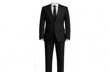 Professional businessman wearing crisp black suit, white shirt, black tie, symbolizing corporate elegance against transparent backdrop