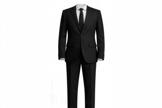 Professional businessman wearing crisp black suit, white shirt, black tie, symbolizing corporate elegance against transparent backdrop