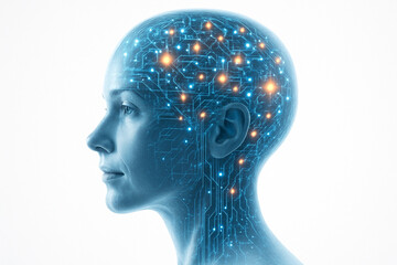 AI generated conceptual digital art of a human head side view fused with glowing neural network and circuits symbolizing intelligence technology and futuristic connection