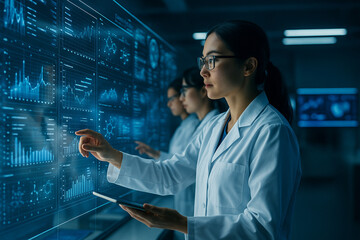 AI generated ultra realistic image of female scientist in white lab coat working with futuristic holographic data interface symbolizing innovation research and digital science collaboration