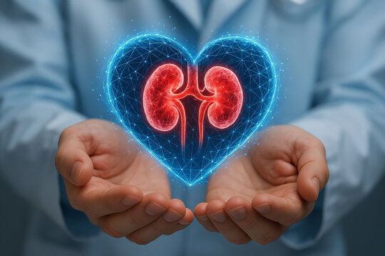 AI generated medical digital art showing human hands holding glowing heart with kidneys inside symbolizing healthcare protection science and future medicine