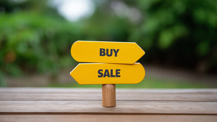 Yellow directional sign with buy and sale on wooden post symbolizes real estate decisions, set against blurred greenery background, creating natural setting