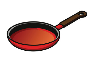 Red skillet with dark brown handle stands on the white surface ready for cooking
