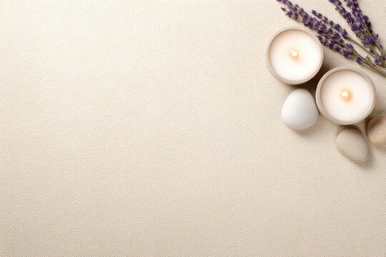 Serene Spa Essentials: Top-down view of candles, stones, and lavender sprigs, harmoniously arranged to evoke peace and tranquility. A calming and inviting scene for relaxation and well-being.