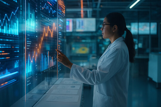 AI generated ultra realistic image of female scientist in white lab coat working with glowing digital holographic screen filled with futuristic graphs data and innovation in modern laboratory