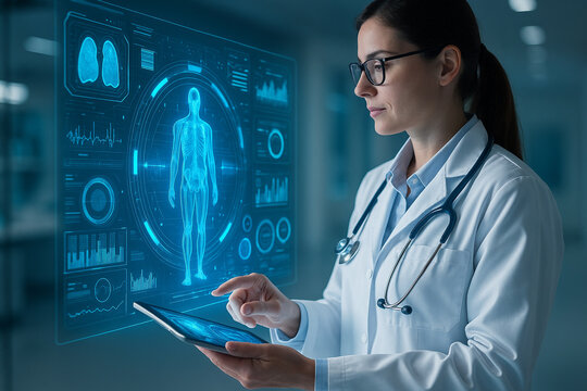 AI generated digital art of a female doctor using a tablet with holographic medical interface body scan data analysis and futuristic healthcare technology symbolizing smart medicine and innovation