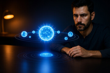 AI generated digital art of a man watching a glowing blue hologram system symbolizing technology science innovation and human connection with the universe