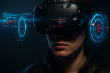 AI generated digital art of a person wearing a futuristic VR headset with glowing holographic interface virtual reality technology cyber innovation and the connection between human and digital world