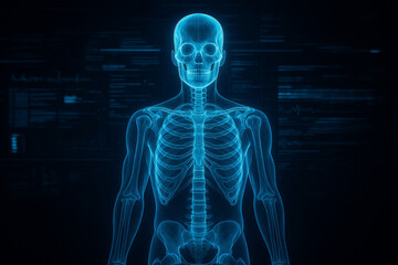 AI generated sci fi medical digital art of glowing human skeleton hologram with detailed anatomy and futuristic data interface symbolizing advanced healthcare technology