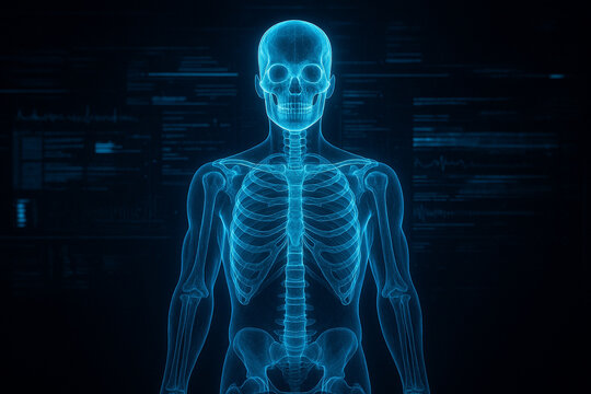 AI generated sci fi medical digital art of glowing human skeleton hologram with detailed anatomy and futuristic data interface symbolizing advanced healthcare technology