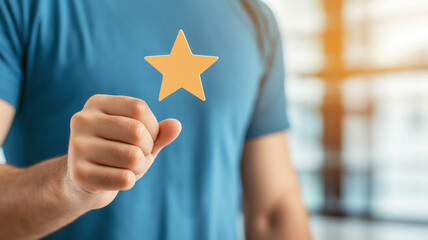 Person in blue shirt holds yellow star, symbolizing achievement or rating, with blurred background. image conveys sense of success and positivity