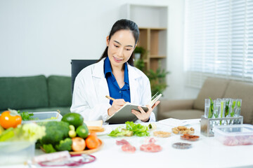 Female food scientist holding notebook and examining meat sample in petri dish. Nutrition, research, protein, healthy eating, food safety concept