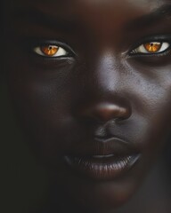 Close-up of a face with striking golden eyes. AI-generated.