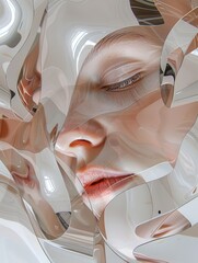 Close-up of face behind abstract reflective shapes. AI-generated.