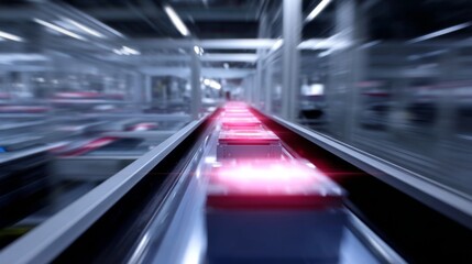 A dynamic view of a production line showcasing fast-moving packages. Red lights highlight the efficiency and modernity of automation. Experience the future of logistics and technology in action. AI