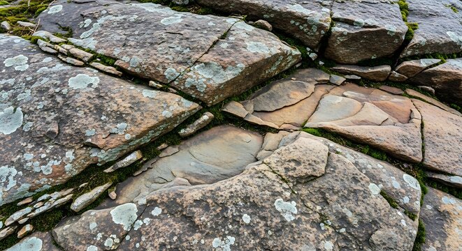 Close-up of weathered rock formation with cracks and lichen.