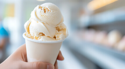 A sweet treat on a summer day: a vanilla ice cream cone held by a person against a bright blurry background.  A delicious cold dessert in hand.