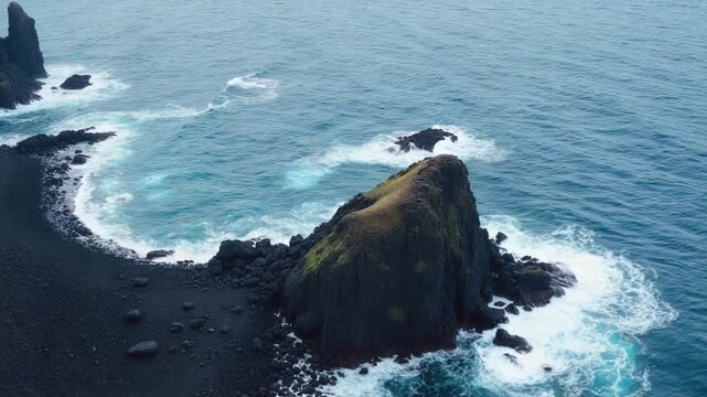 Aerial View of Basalt Columns and Ocean Waves on Iceland's Coastline