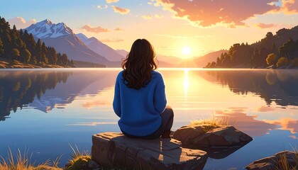 Contemplative serenity, a woman embraces nature's beauty at sunset lake