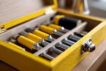 Naklejka premium An open yellow wooden box reveals a collection of screwdrivers with textured yellow and silver handles neatly organized