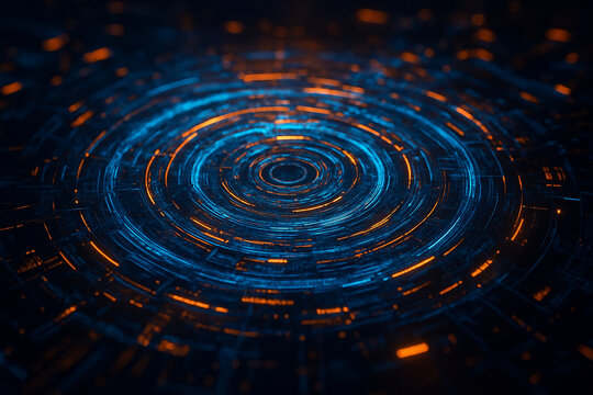 AI generated digital art of a glowing circular circuit structure with neon blue and orange lights symbolizing data flow cybersecurity technology virtual systems and advanced futuristic innovation